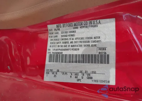 1998 Ford Mustang из США, поврежденный, VIN 1FAFP4048WF195809